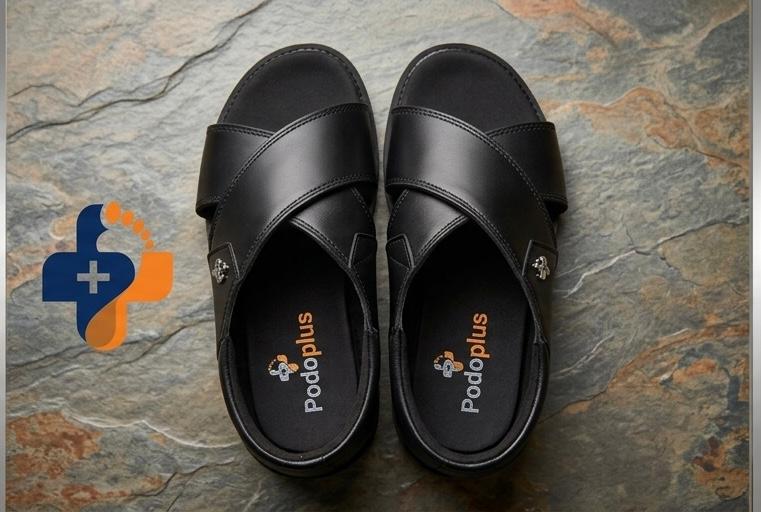 Podoplus black cross-strap orthopedic slides on a slate surface